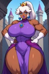 ass_bigger_than_head dark-skinned_female dark_blue_eyes mario_(series) massive_ass massive_breasts massive_thighs muscular_female princess_peach purple_dress purple_lips white_hair