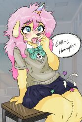 2:3 anthro bangs blush bodily_fluids cartoon_freckles cum eyelashes female freckled_face freckles genital_fluids hi_res long_eyelashes po0ochie schoogirl teacher