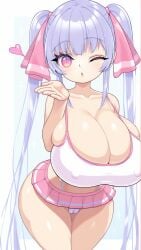 ai_generated blowing_kiss cameltoe cleavage highres large_breasts microskirt nipple_bulge pink_eyes pink_trim purple_hair riko_(shuz) tank_top thebillai twintails wink