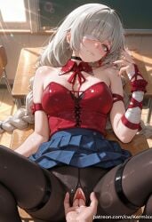 1boy 1girl ai_generated arm_strap bandage_over_one_eye bandaged_arm bandages bangs bare_shoulders blue_skirt blush braid breasts chair classroom cleavage closed_mouth clothes_lift desk detached_collar eyepatch fingering grey_hair heart heart-shaped_pupils hetero indoors kermixx long_hair looking_at_viewer lying medium_breasts nail_polish neck_ribbon on_back panties pantyhose phrolova_(wuthering_waves) pleated_skirt pussy pussy_juice red_nails ribbon school_desk skirt skirt_lift solo_focus spread_legs sweat symbol-shaped_pupils thigh_strap torn_clothes twin_braids uncensored underwear very_long_hair wuthering_waves