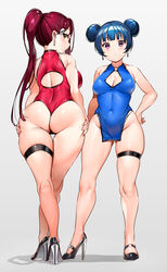 2girls ass ass_grab big_ass big_breasts blue_hair blush bottom_heavy cheongsam chinese_dress clothed double_bun dress earrings female female_only from_below grabbing_own_ass hair_bun hand_on_ass high_heels long_hair looking_at_viewer looking_down love_live! love_live!_sunshine!! plain_background plump ponytail purple_eyes red_hair sakurauchi_riko short_hair sleeveless_dress tem10 thick_thighs thigh_band thigh_strap tight_clothing tsushima_yoshiko wide_hips yellow_eyes