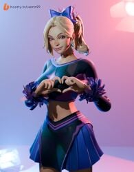 3d blender blonde_hair bow cheerleader female_focus fortnite hair_bow heart_gesture midriff pom-poms ponytail render skirt solo