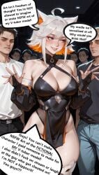 acw ai_generated big_breasts cat_ears crowd crowd_watching crowded demenishki explaining nervous pleading public purple_eyes speech_bubble streamer streaming white_hair