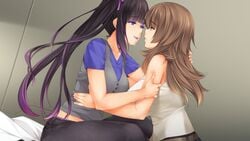 2girls black_hair breasts brown_eyes brown_hair crying dharker_studios erica(galaxy_girls) eyebrows_through_hair galaxy_girls jeans kopianget kotoha(galaxy_girls) purple_eyes smiling tagme yuri