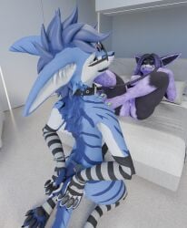 absurd_res anthro anus black_body black_fur blue_body blue_fur breasts canid canine canis collar cuffed_wrists duo female feyyore fur genitals hair hi_res hybrid jackal leash leashed_collar male male/female mammal markings nipples paws penis presenting presenting_anus presenting_vulva purple_body purple_fur raised_paw rexouium saderus saderus_(character) striped_markings stripes vulva white_body white_fur