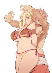 1boy 1girls bikini blonde_hair blush brown_eyes cleavage embarrassed fairy_tail hand_shadow_covering_breasts_(meme) huge_breasts joshdinobarney lucy_heartfilia natsu_dragneel pink_hair thick_thighs voluptuous