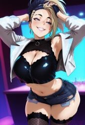 1girl ai_generated akali akali_(league_of_legends) akali_kda armpits arms background black blonde blue blurry breast breasts cleavage clothes clothing crop cropped cutoffs cutout denim ear earrings eyes eyeshadow fingerless fishnet fishnets gloves grin hair jacket jewelry k/da_all_out_series k/da_series large league_of_legends makeup midriff mole multicolored nail nails navel on open piercing polish ponytail purple reviaiart short shorts skindentation smile solo stomach teeth thighhighs thighs top torn two-tone up white