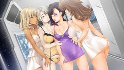 4girls black_hair blonde_hair blush breasts brown_hair dharker_studios emilia(galaxy_girls) erica(galaxy_girls) eyebrows_through_hair galaxy_girls green_eyes kopianget kotoha(galaxy_girls) multiple_girls negligee nightgown sara(galaxy_girls) silver_eyes tagme white_hair