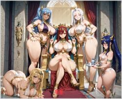 adoptable ai ai_assisted ai_generated blonde_female blonde_hair blue_hair censored deviantart deviantart_watermark egyptian egyptian_clothes egyptian_female egyptian_mythology erza_scarlet fairy_tail group hi_res high_quality high_resolution highres juvia_lockser looking_at_viewer lucy_heartfilia mirajane_strauss multiple_girls patreon patreon_exclusive posing posing_for_the_viewer red_hair sitting_on_throne throne throne_room voluptuous voluptuous_female wendy_marvell white_hair yametastudio