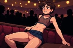ai ai-created ai_generated brown_hair cuntboy exposed_pussy feminine intersex mesh_shirt mesh_top nervous public public_exposure skirt_pull table trembling
