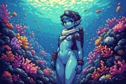 ai_generated blue_body blue_eyes blue_hair blue_skin cuntboy intersex pointy_ears underwater underwater_scenery