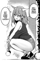 akure_ekuto bloomers chains condom english_translation fangs flirting_with_viewer hair horns huge_breasts ibaraki_douji's_arm ibaraki_kasen nipple_outline pierced_ears squatting thighs touhou touhou_project translated tshirt