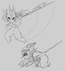 2019 4_fingers angry big_breasts breasts clock crouching exposed_breasts feet female fingers genitals goblin goblin_female grey_background hair headgear holding_object holding_weapon huffslove humanoid humanoid_pointy_ears looking_at_viewer markings mask melee_weapon monochrome movement_lines navel nude pussy simple_background sketch thick_thighs threatening toes tribal tribal_markings watch weapon