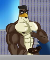 abs animal_humanoid anthro avian avian_humanoid balls bathroom beak bird bodily_fluids disney ducktales_(2017) erection falcon falcon_graves falconid genital_fluids genitals hair hi_res humanoid humanoid_genitalia humanoid_penis klr-rio male male_only mammal muscular muscular_male nipples nude pecs penis phone precum precum_drip selfie solo towel towel_rack