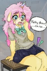 2:3 anthro bangs blush bodily_fluids cartoon_freckles clothing cum eyelashes female freckled_face freckles genital_fluids hi_res long_eyelashes po0ochie school_uniform solo uniform