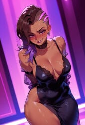1girl 1girls ai_generated alternate_costume arms_behind_back asymmetrical_hair balecxi bare_shoulders black_choker black_dress black_hair blush breasts brown_hair choker cleavage clothing cocktail_dress collarbone curvaceous curvaceous_female curvaceous_figure curvy curvy_figure dark-skinned_female dark_skin detached_sleeves dress earrings evening_gown eyeliner eyeshadow female female_focus gradient_hair grin inviting inviting_to_sex jewelry lace lace_trim large_breasts latina latina_female leaning_forward lips lipstick long_hair looking_at_viewer makeup mascara medium_breasts mexican mexican_female mole mole_on_breast mole_under_eye multicolored_hair narrow_waist naughty_face no_bra no_panties overwatch overwatch_2 plunging_neckline presenting presenting_ass presenting_breasts presenting_hindquarters presenting_self purple_eyes purple_hair purple_lips seductive seductive_look seductive_smile side_slit sidecut smile solo sombra spaghetti_strap thick_thighs thighs two-tone_hair undercut voluptuous voluptuous_female wide_hips