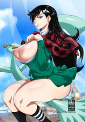 1girls areolae ass bayeuxman big_ass big_breasts black_hair bleach blue_eyes breasts breasts_out burn_the_witch eye_contact female holding_object large_breasts long_hair looking_at_viewer nipples noel_niihashi patreon_username sideboob sitting skirt skirt_lift solo thick_thighs thighs tongue_out wide_hips