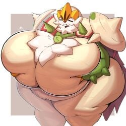anthro big_belly breasts chesnaught chubby eyes_closed featureless_breasts female game_freak holding_breasts huge_breasts lightmizano mega_chesnaught mega_evolution nintendo pokemon pokemon_(species) stevest58244496 text thick_thighs video_games wide_hips