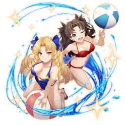 2girls artist_request ass_press balancing ball_(object) beach_ball big_breasts bikini blonde_hair blue_eyes blue_one-piece_swimsuit breasts brown_hair cleavage drill_hair fate/kaleid_liner_prisma_illya fate_(series) flip_flops full_body game_asset grand_summoners inflatable large_breasts looking_at_viewer luviagelita_edelfelt multiple_girls official_art on_ball one-piece_swimsuit one_eye_closed open_mouth pool_toy red_bikini sandals simple_background sitting sitting_on_ball sitting_on_beach_ball smiling smiling_at_viewer sparkle straddling summer swimsuit third-party_source tohsaka_rin transparent_background water wink winking_at_viewer yellow_eyes