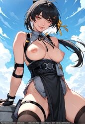 1girl ai-created ai_generated bare_shoulders black_gloves black_hair black_legwear black_ribbon black_thighhighs blue_sky breasts breasts_out_of_clothes busty closed_mouth clothing cloud day dress elbow_pads exposed_breasts female fingerless_gloves gloves hair_ornament hair_ribbon hairclip high_resolution large_breasts legwear lips long_hair looking_at_viewer medium_breasts mole multicolored_hair nipples nopan outdoors pelvic_curtain ponytail pouch ribbon rover_(wuthering_waves) sitting sky smile solo spread_legs thigh_pouch thigh_strap thighhighs thighs tied_hair two-tone_hair white_hair wodstudio wuthering_waves yellow_eyes yellow_ribbon