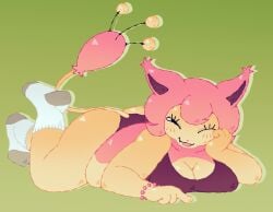 animal_humanoid ass breast_squeeze breasts cat_ears cat_tail eyelashes hand_on_head on_floor one_eye_closed panties pink_hair pokemon pokemon_(species) pokemon_only simple_background skitty socks tongue