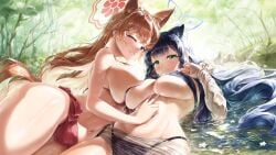 2girls absurdres animal_ear_fluff animal_ears asymmetrical_docking bikini black_bikini black_hair blue_archive blue_halo blush breast_press breasts brown_hair closed_mouth colored_inner_hair commentary extra_ears fox_ears fox_girl green_eyes grey_hair grin halo highres huge_breasts long_hair multicolored_hair multiple_girls nature navel nervous_smile one_eye_closed osom9525 outdoors purple_eyes red_bikini red_halo rumi_(blue_archive) rumi_(swimsuit)_(blue_archive) sarong see-through_clothes see-through_sarong shun_(blue_archive) shun_(swimsuit)_(blue_archive) smile stomach swimsuit topless_female two-tone_hair underboob very_long_hair