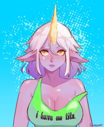 1girls bare_shoulders big_breasts blue_background blush breasts cleavage clothed clothed_female clothing cute earrings english_text female female_focus female_only furry green_shirt green_tank_top headshot_portrait horn large_breasts league_of_legends liar lies long_hair looking_at_viewer meme pointy_ears purple_lips purple_skin quro shirt simple_background sleeveless sleeveless_shirt solo soraka standing tank_top text text_on_clothing white_eyebrows white_hair yellow_eyes