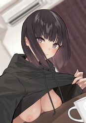 1girls black_hair braless breasts female flashing hoodie original solo_female sutochan white_skin