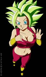 1girls above_view black_background blue_eyes boots dragon_ball dragon_ball_super earrings female female_only green_hair hourglass_figure kefla legendary_super_saiyan looking_at_viewer naughty_face saiyan salvamakoto showing_off solo spiky_hair super_saiyan super_saiyan_2 teenager