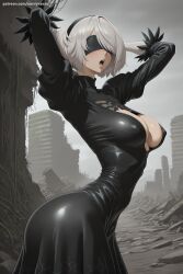 1girl ai_generated arms_up black_blindfold black_dress black_hairband blindfold breasts cleavage covered_eyes dress feather-trimmed_sleeves gloves hairband hi_res high_quality high_resolution juliet_sleeves large_breasts leotard long_sleeves mole mole_under_mouth nier:_automata patreon puffy_sleeves savvyraexo seductive sexy shiny short_hair silver_hair solo uncensored watermark yorha_2b yorha_no._2_type_b