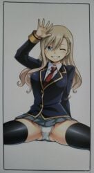 black_thighhighs blonde_hair blue_eyes border clenched_teeth edens_zero edited grin groin groin_tendon hair_ornament large_breasts long_hair long_sleeves mashima_hiro miniskirt one_eye_closed panties pleated_skirt rebecca_bluegarden scan scan_artifacts school_uniform smile spread_legs swept_bangs teeth thighhighs upscaled wariza waving wavy_hair white_panties