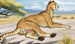 2026 animal_genitalia animal_penis anus balls black_nose black_paws black_spots brown_eyes cheetah claws dragonczech felid feline feline_genitalia feline_penis feral genitals hi_res lying male mammal on_side orange_body orange_legs pawpads paws penile_spines penis pink_penis plant rock savanna solo spots tree