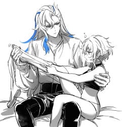 1boy 1girls bigger_male blue_hair female genshin_impact long_hair long_hair_male lumine_(genshin_impact) male male/female messy_hair neuvillette_(genshin_impact) on_lap pulling_clothing size_difference smaller_female straight underwear undressing undressing_another undressing_partner