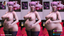 1girls 3d areolae azzgard big_breasts breasts earrings female female_only huge_belly large_breasts lifelike_texture looking_at_viewer marioka_(azzgard) necklace nipples pink_hair pregnant ready_to_pop solo thighhighs