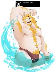 anthro asgore_dreemurr asgore_dreemurr_(deltarune) bara bara_tiddies bear_(body_type) beard blonde blonde_hair blonde_male bulge deltarune dilf facial_hair furry goat goat_horns horn horns long_ears male male_only muscular muscular_male solo solo_focus speedo speedo_only swimwear swimwear_only undertale undertale_(series) utdr_(toby_fox) water white_body white_fur