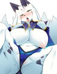 anthro big_breasts blush bodily_fluids breasts clothing daji_(full_bokko_heroes) faeki female fullbokko_heroes genital_fluids hi_res kemono looking_at_viewer navel nipples open_mouth pussy_juice saliva simple_background solo tongue tongue_out white_background