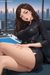1girl ai_generated artist_name black_skirt blue_eyes breasts brown_hair city hi_res high_quality high_resolution large_breasts lips long_hair looking_at_viewer office_lady open_mouth patreon patreon_username seductive sexy shiny sitting skirt solo spicytoonai thighs uncensored vanessa_doofenshmirtz watermark