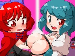 2girls asymmetrical_docking black_shirt blue_eyes blue_hair blurred_background blurry blurry_background blush blush_lines blushing bow bowtie bra breast_squeeze breasts breasts_focus breasts_pressed_against_another breasts_pressed_against_partner breasts_pressed_together breasts_size_difference breasts_squeezed_together cape cleavage cloak collar collarbone collared_shirt embarrassed frilled_dress frills hair_bow heavy_blush heterochromia imijikumo36 innocent karakasa_obake kogasa_tatara large_breasts light_blush long_sleeves looking_at_another looking_at_breasts looking_at_partner looking_at_viewer medium_breasts nervous no_bra open_clothes open_mouth open_shirt pink_background pink_bra puffy_sleeves red_eyes red_hair revealing_clothes ribbon sekibanki shirt short_hair side_view sideboob simple_background skindentation smile smiley_face smiling smiling_at_viewer sweat sweatdrop touhou umbrella upper_body upper_body_focus upper_body_only vest white_shirt widescreen