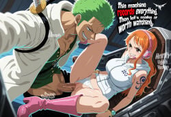 1boy 1girls abs ai_generated anime_style balls big_breasts boots breasts cheating cuckold cuckold_pov english_text evil_smile female flat_colors green_hai half-dressed headgear headphones high_heel_boots hoodie jacket machine male missionary_position nami_(one_piece) narrow_waist netorare ntr ntrkage one_piece orange_hair panties panties_aside pants_down pussy_juice recording roronoa_zoro self_upload selfie selfie_while_penetrated sex slim_waist smile sound_effects sword thick_penis vaginal_penetration veiny_penis waist