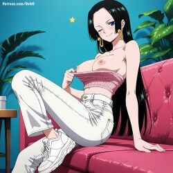 ai_generated black_hair blue_eyes boa_hancock clothes_pull deik0 earrings flashing_breasts indoors large_breasts long_hair looking_at_viewer one_eye_closed one_piece sitting smile solo undressing