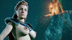 1girls aloy alternate_breast_size bare_breasts bare_nipples breasts busty busty_female female female_only fur game_screenshot ginger_hair green_eyes horizon_forbidden_west horizon_zero_dawn large_breasts looking_at_viewer necklace night night_sky nude_female nude_mod pauldrons upper_body