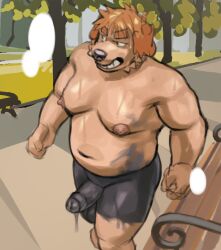 anthro balls belly bench big_balls big_nipples big_penis bodily_fluids bodypaint canid canine canis djtaka domestic_dog erection fangs foreskin genitals glans hair hi_res long_hair male male_only mammal moobs navel nipples nude open_mouth outside overweight overweight_male painted_clothing park penis plant public smile solo solo_male sweat teeth tree unretracted_foreskin walking
