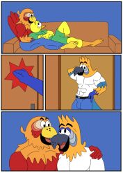 animal_humanoid anthro avian avian_humanoid beak bird bird_humanoid border canary ciel-wolf comic feathers finch group humanoid male male/male multicolored_body multicolored_feathers nickelodeon oscine paco_(the_casagrandes) parrot parrot_humanoid passerine sergio_(the_casagrandes) the_casagrandes the_loud_house trio walt_loud white_border yellow_body yellow_feathers