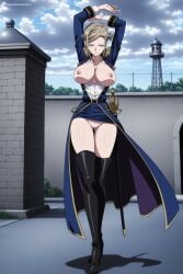 1girl ai_generated arms_up ass_visible_through_thighs awashima_seri belt black_footwear blonde_hair blue_eyes blue_sky boots breasts breasts_out clothes_lift cloud coat day digitalwaifugallery epaulettes full_body hi_res high_heels high_quality high_resolution k_(anime) large_breasts long_sleeves looking_at_viewer nipples no_bra no_panties open_clothes outdoors patreon pussy seductive sexy sheath shirt short_hair skirt skirt_lift sky solo standing sword thigh_boots thighhighs uncensored uniform watermark weapon white_shirt