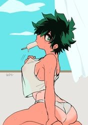 1girls big_breasts curtains cute dat_ass female_deku female_only freckles genderswap_(mtf) green_eyes green_hair indoors izuku_midoriya my_hero_academia nipples nipples_visible_through_clothing panties popsicle room rule_63 see-through_top sky solo tanline window