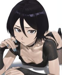 1girl ass at background between black bleach blue breasts brown choker collarbone downblouse eyes fishnet fishnets hair heels high kuchiki_rukia lips looking lying nail nails on panties parted polish shirt short side-tie simple sleeves small solo stomach thighhighs underwear viewer white