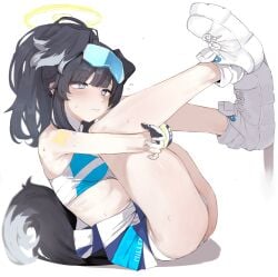 1girl arms_around_legs blue_archive blue_eyes blush cheerleader cheerleader_uniform dog_ears dog_girl dog_tail embarrassed esearu glasses glasses_on_head hibiki_(blue_archive) hugging_legs large_ass large_breasts legs_up multicolored_gloves plump shoulder_markings sitting solo sweat thick_thighs visor_glasses white_gloves white_panties white_shoes