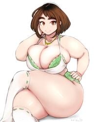 1girls ass big_ass big_breasts bra brown_eyes brown_hair chubby chubby_female eye_contact female female_only huge_ass huge_breasts keigi_(artist) large_breasts looking_at_viewer my_hero_academia necklace ochako_uraraka pale-skinned_female pale_skin panties smile solo thick_thighs thighhighs thighs underwear underwear_only venus_body voluptuous white_background white_thighhighs wide_hips