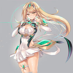 bangs bare_shoulders blonde_hair blush breasts chest_jewel cleavage cleavage_cutout closed_mouth dress elbow_gloves faulds female gem gloves grey_background hands_on_own_chest headpiece hikari_(xenoblade_2) hinot inoue_takuya_(pixiv_99697) large_breasts long_hair looking_at_viewer mythra nintendo short_dress shoulder_armor smile solo swept_bangs thigh_strap thighs tiara white_dress white_gloves wind wind_lift xenoblade_(series) xenoblade_chronicles_2 yellow_eyes