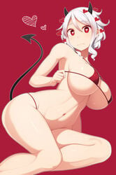 1girls alternate_costume bare_arms bare_shoulders bikini black_horns black_tail blush breasts closed_mouth demon_girl demon_horns demon_tail erect_nipples erect_nipples_under_clothes eyebrows_visible_through_hair female female_only hair_between_eyes hair_ornament heart heart-shaped_pupils heart_in_eye helltaker high_resolution horns large_breasts light-skinned_female light_skin looking_at_viewer micro_bikini modeus_(helltaker) nipples red_background red_bikini red_eyes samegami short_hair shy simple_background sitting solo straight_hair swimsuit symbol-shaped_pupils tail white_hair wide_hips